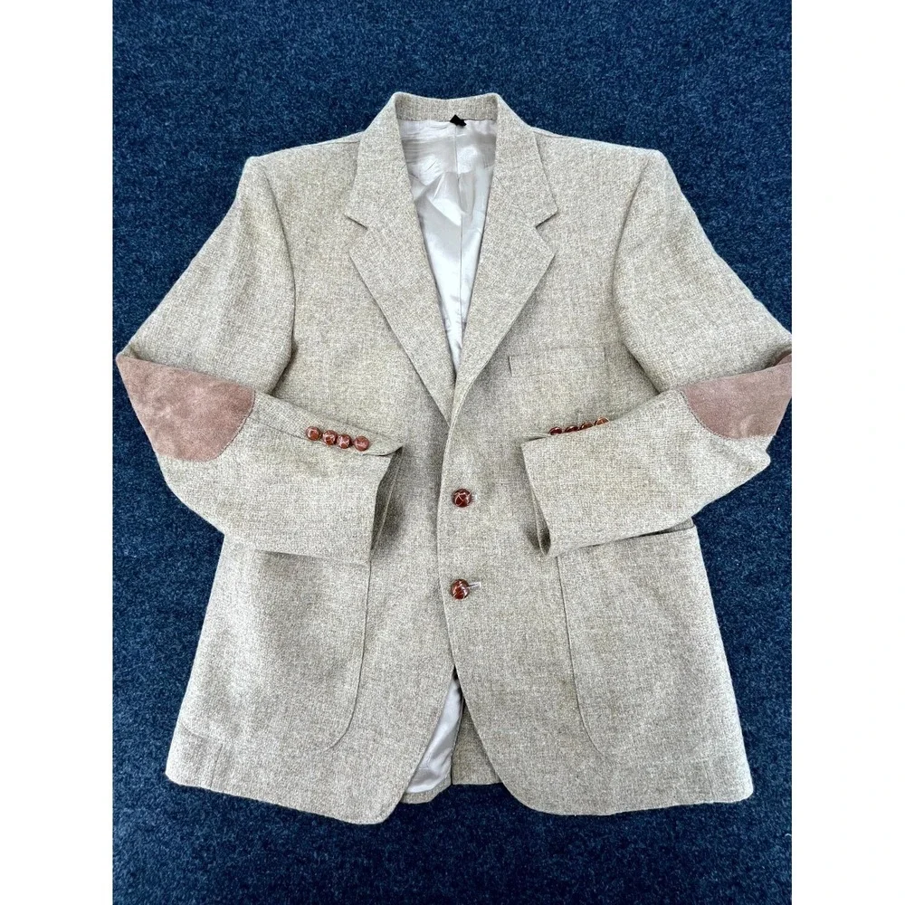 VTG WFF By Farah Sport Coat Mens‎ 42S Beige Wool Tweed Suede Elbow Patch Formal